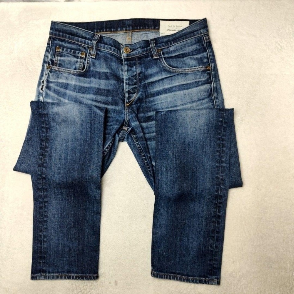 Rag & Bone Jeans Mens 32x34 Blue Slim Tapered Standard Distressed 5-Pocket HOLE - Picture 3 of 16